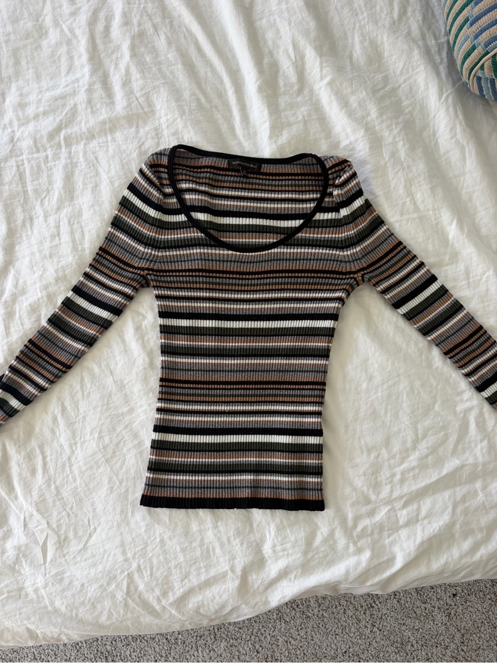 Banana Republic Striped Ribbed Scoop Neck Top in Black, Cream & Brown